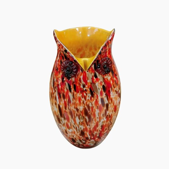 Murano Hand Blown Art Glass Owl Multicolor Vase, Colorful Bird-Shape Speckled - Picture 2 of 15